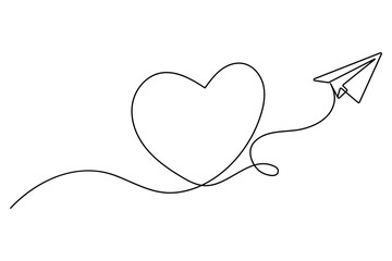 Poster - Love themed paper plane with hearts continuous line art minimalist romantic card vector illustration
