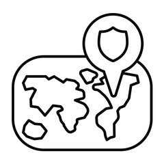 Poster - Map and location pin thin line icon, tropical voyage concept. Vector graphics. Map pin with safety emblem, navigation sign on white background, style mobile or design.