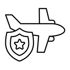 Fototapete - Airbus plane and safety emblem thin line icon, tropical voyage concept. Vector graphics. Regular airplane and service shield sign on white background, style mobile or design.