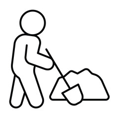 Poster - Man with shovel and asphalt pile thin line icon, making road concept. Vector graphics. Builder laying asphalt, construction sign on white background, style mobile or design.