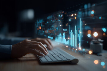 Aufkleber - A person is typing on a keyboard with a computer monitor displaying a graph