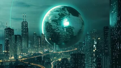 Poster - Futuristic metropolis with glowing skyscrapers and winding roads, illuminated by a giant digital globe hovering above, creating a mesmerizing cityscape at night