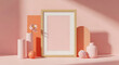 © Febi - Elegant Mockup With Golden Frame Pink Vases And Geometric Shapes On A Pink Surface Under Soft Lighting Minimal Art Design