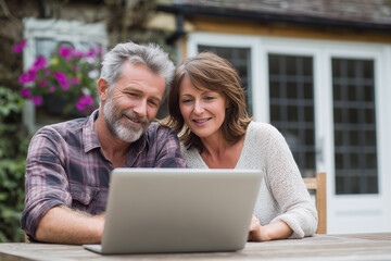 Poster - A man and woman are sitting at a table looking at a laptop
