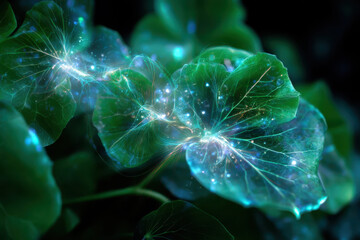 Poster - Natural macro view of glowing green leaves with ethereal light effects at night
