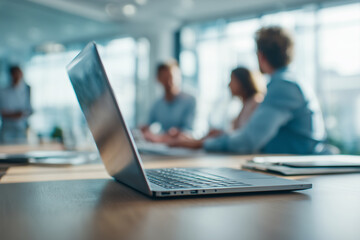 Poster - A laptop is open on a table in front of a group of people