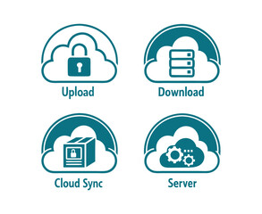 Poster - Four Cloud Computing Icons for Upload Download Sync and Server.