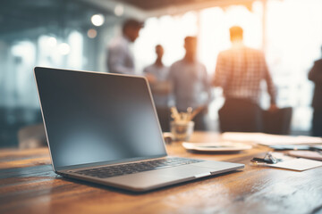Aufkleber - A laptop is open on a wooden desk in front of a group of people