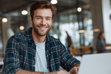 Poster - A man with a beard and a plaid shirt is smiling and sitting in front of a laptop