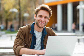 Poster - A young man is sitting at a table with a laptop, smiling and looking happy