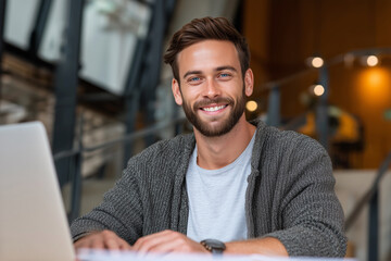 Poster - A man is sitting at a table with a laptop, smiling and looking at the camera