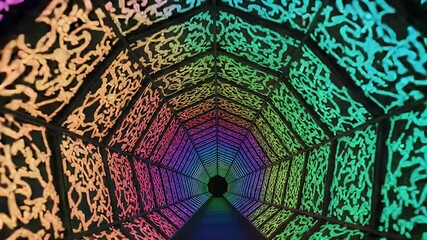 Poster - Colorful kaleidoscopic tunnel with intricate patterns illuminated by vibrant rainbow hues and a dark central aperture creating a mesmerizing visual experience