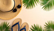 © momostudio - A straw hat sunglasses and sandals with palm leaves on a light background.