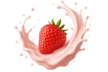 Poster - Ripe strawberry making a splash in creamy pink milk, isolated on transparent background, perfect for advertising or packaging design