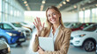 © Radorog. - A female car salesman with a tablet in her hands waves at a car dealership