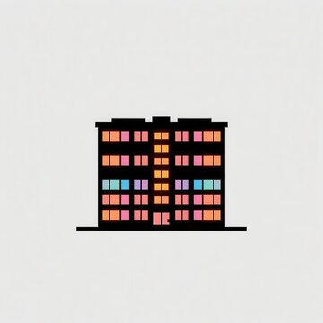 Pixelated Building: A minimalist, blocky depiction of a multi-story structure against a neutral background.