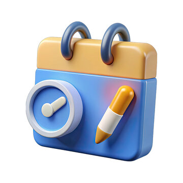 3d calendar icon with a clock and pencil isolated on transparent background