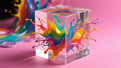 Poster - Vibrant rainbow paint splashes frozen inside a clear glass cube on a pink background
