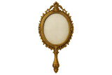 Vintage golden-framed hand mirror reflecting elegant baroque design, isolated with blank reflective surface