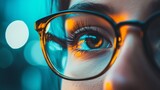 Close-up of eye with stylish eyeglasses and lights for vision healthcare fashion optical branding design photography scene