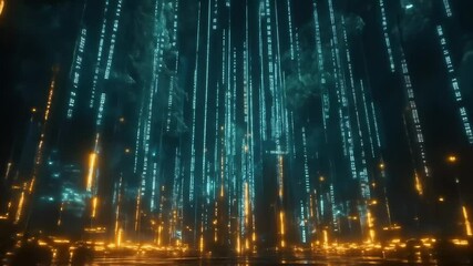 Futuristic glowing digital code matrix in blue and orange cyber environment
