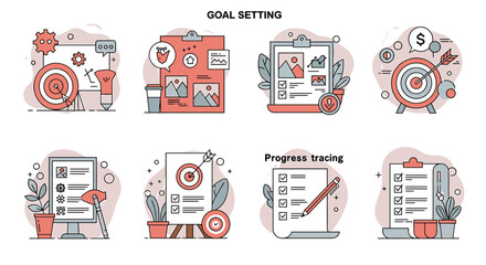Poster - Illustrated Goal Setting and Progress Tracking Icons for Business Concepts
