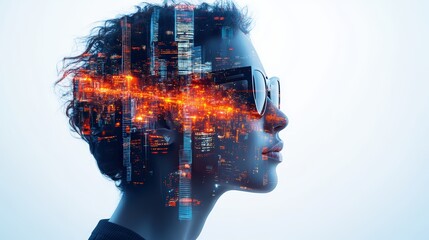 Poster - Futuristic digital cityscape overlay on woman's profile illustrating technology and innovation in urban environments