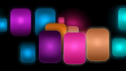 Poster - Glowing rounded rectangles in vibrant neon blue, pink, purple, and orange on black background, ideal for tech or UI design.