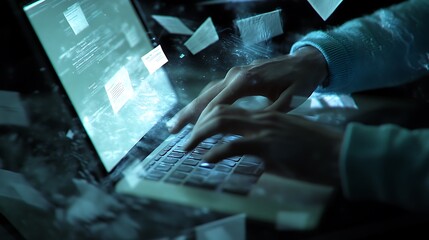 Fototapete - Typing on Glowing Laptop Keyboard: Hands Working on Modern Technology Interface with Digital Documents.