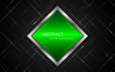 Poster - Abstract green and silver square shape with elegant silver lines on black background.	