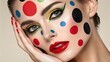 © SHAHRIAR - Woman with vibrant and playful makeup, featuring colorful polka dots on the forehead, bold red lipstick, and bright green eyeshadow, creating a fun and artistic look.