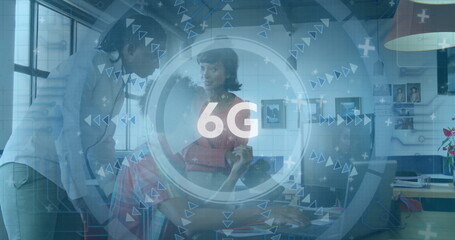 Poster - 6G technology image over diverse people collaborating in modern office