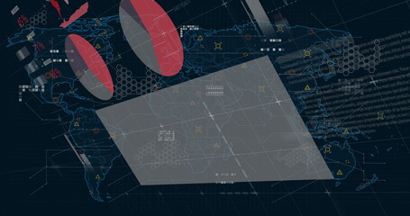 Aufkleber - Displaying grey panel over stylized world map in digital interface, with red ellipses and hex grid