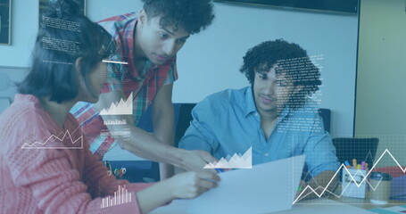 Poster - Collaborating on project, team using data visualization image in office setting