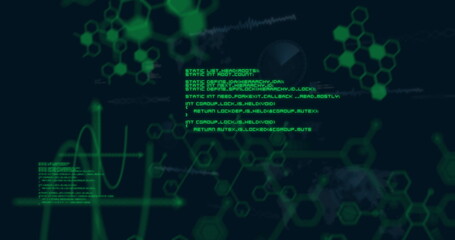 Poster - Displaying green code executing on digital interface, with molecular diagrams and waveform graph