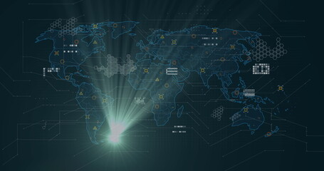 Poster - Displaying world map on interface, showing hexagon grids, circular data nodes and light flare