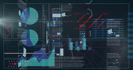 Poster - Displaying futuristic data dashboard showing pie charts, bar graphs and map overlay on dark grid