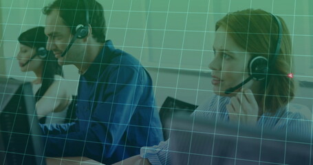 Poster - Working three call center agents taking calls at office desk with headsets, monitors, keyboards