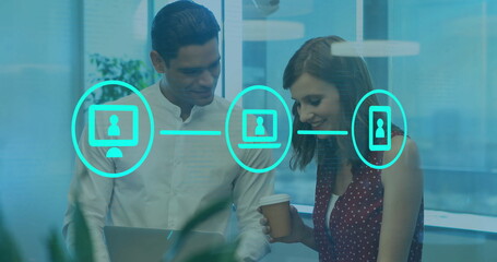 Poster - Colleagues wearing office attire examining laptop in office area, with coffee cup and cyan icons