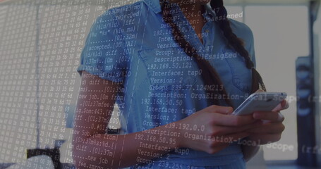 Poster - Holding smartphone, woman wearing denim shirt in modern office showing code overlay, copy space