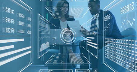 Poster - in office, business professionals analyzing data with digital interface overlay