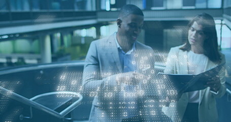 Poster - in modern office, business professionals discussing data with image overlay