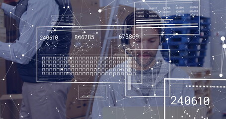 Poster - digital data and network connections image over people working in office