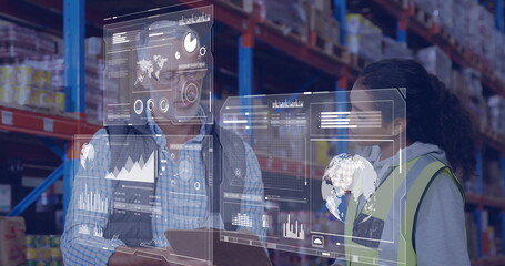 Poster - in warehouse, workers discussing data analytics on digital interface with image