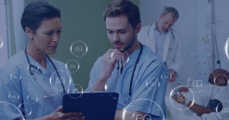 Poster - Medical professionals discussing patient data with 6G technology image overlay