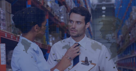 Poster - In warehouse, workers discussing logistics with animated world map overlay