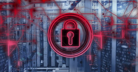Poster - Cybersecurity image with red lock symbol over data servers for protection