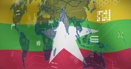 Poster - image of world map with digital data elements on colorful flag-themed background