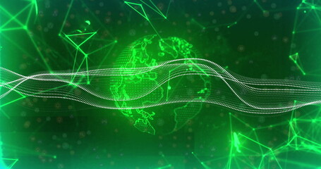 Poster - Green digital globe with flowing data lines and network connections image