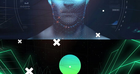 Poster - Image of digital human head with glowing dots and geometric shapes in background